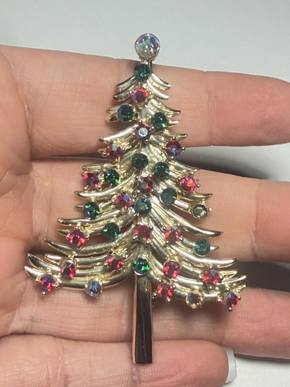 DODD Christmas Tree Vintage Brooch Multicolor Rhinestone Holiday Pin 2.75"